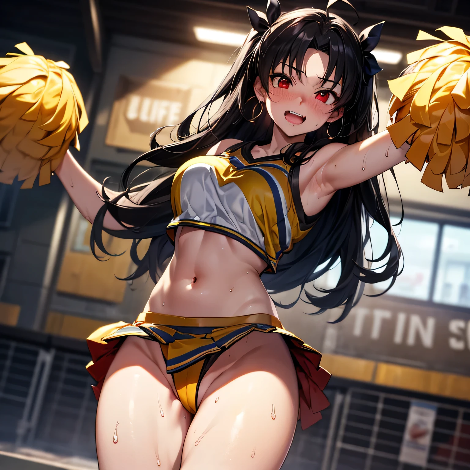 best quality,ultra-detailed,high resolution,extremely detailed CG,perfect anatomy,detailed,cinematic lighting,beautiful detailed eyes,ultra high res,(1Women:1.5),(1:1.4),(milf:1.6),milf,gleaming skin,oil skin,large breasts,skindantation,sweat,humid,clothed,curvy,(sweat:1.2),nsfw,nose blush,cowboy shot,Glowing Skin,Beautiful Hair,looking at viewer,Smile,little open mouth,ishtar, ahoge, black bow, bow, black hair, earrings, hair bow, hair ornament, jewelry, long hair, (red eyes:1.5), (parted bangs:1.5),(stand:1.5),(cheerleader:1.5)