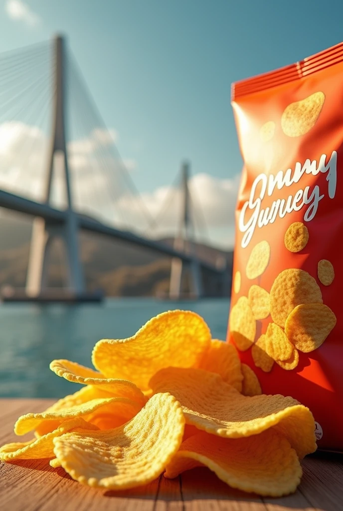Packaging of chips with the Hercilio Bridge in the background, name yummy