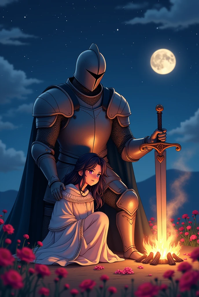 A knight in medieval adventurer armor, the knight also wears a medieval helmet which covers his entire face., He is tall and is sitting next to his huge giant and heavy sword stuck in the ground in a field of red flowers while he Admires sitting in front of his campfire in the middle of the light of the stars and the moon next to his beloved wife crouched next to him with dark hair and bright purple eyes who is wearing a dark and fluffy cloak as clothing (make them both face the camera so I can see the knight from the front)
((Make image with anime art style))