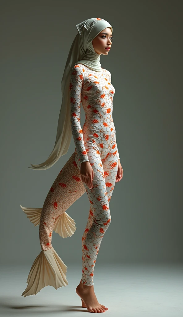 The most beautiful,most slender thin and most clever malaysian muslimah adult feamle person with beautiful cheeks wears snow leopard print lycra turtleneck unitard catsuit covered with spots and always wearing snow leopard print lycra elastane stretchy dancewear hijab covered with spots.She is hugging a koi fish.