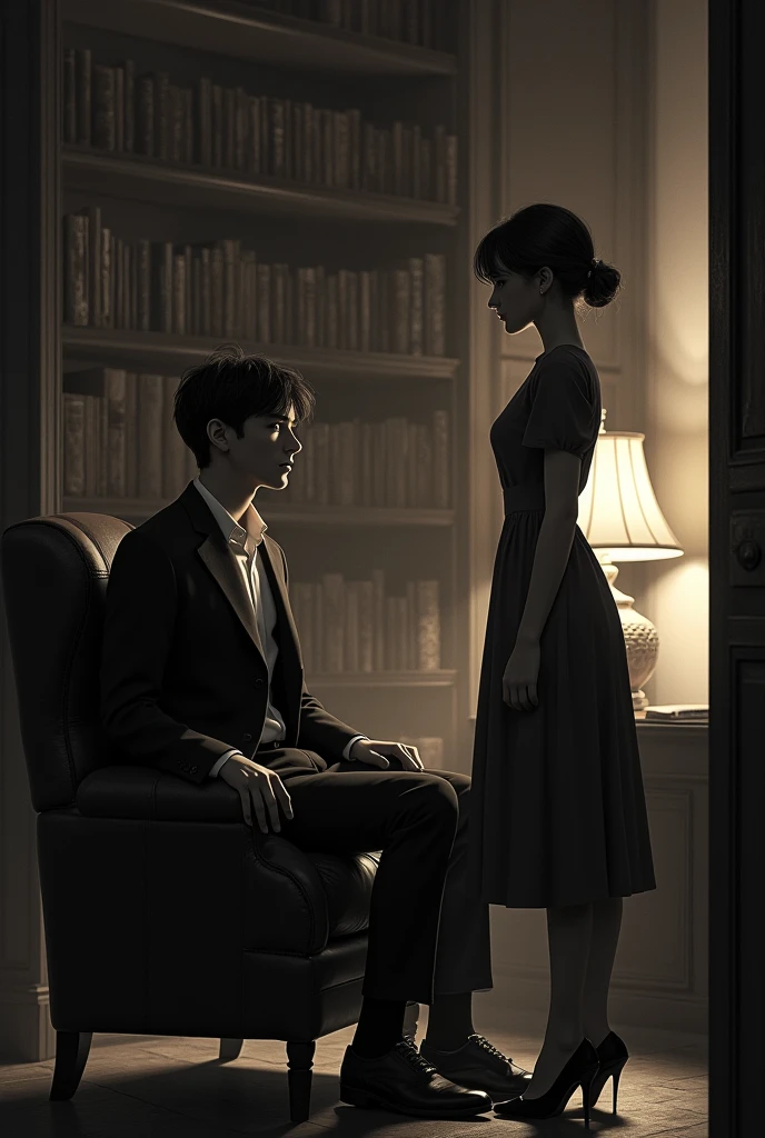TWO young people (man sitting on a chair and woman standing) 20 and 2 in the library talking in a corner a little apart, old black and white image