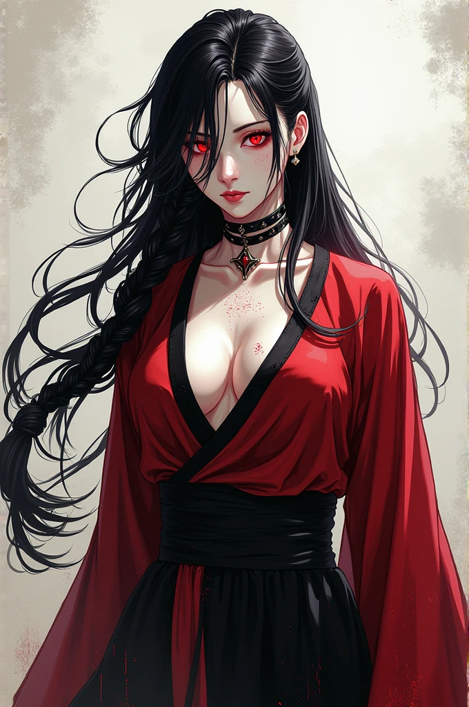 Akari Shikyo is an imposing figure with extremely pale skin., almost translucent, which contrasts sharply with his intense red eyes, that seem to burn with a light of their own. His body is marked by visible and deep scars, that tell stories of struggles and rituals. Your hair is long, black and often tied in an undone braid that falls to the waist. Akari wears an outfit that is both traditional and bold, mixing elements of ancient costumes with modern and sensual details. The combination of red and black in his robes reflects both his connection to curses and his mysterious and defiant nature..
UNIVERSO JUJUTSU KAISEN