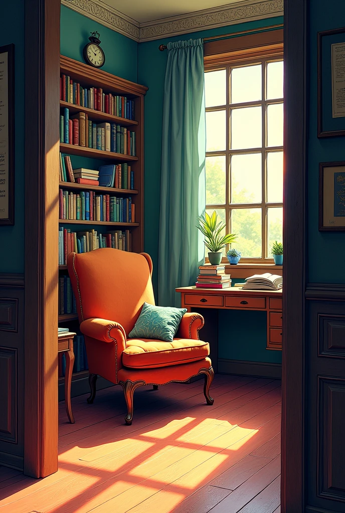 BEHIND A FOURTH WALL, IT IS A TEACHER'S ROOM. IN COLOR DRAWING. GENERATE ME IN DRAWING