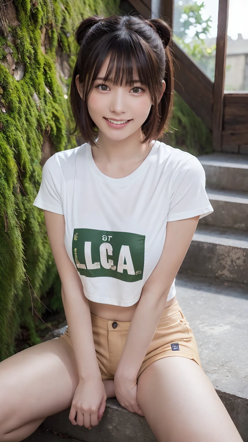 beautiful girl, (Cropped logo T-shirt:1.3, low-rise hot pants:1.3), (****:1.3), break, (Beautiful moss-covered stairs:1.2), break, Shy laugh, Very beautiful eyes, (Symmetrical eyes:1.3), break, (D cup Breasts:1.2), Brown eyes, Parted bangs, Brown plait hair:1.3, Round face, cute, break, (Eye and facial details:1.0), Spread your legs:1.3, Shooting from below, Pussy Line, Camel Toe, Looking into the camera, masterpiece, Highest quality, RAW Photos, Realistic, Cute people, Written boundary depth, High resolution, Very detailedな, In detail, Very detailed, Very detailed, Sharp pupils, Cinema Lighting