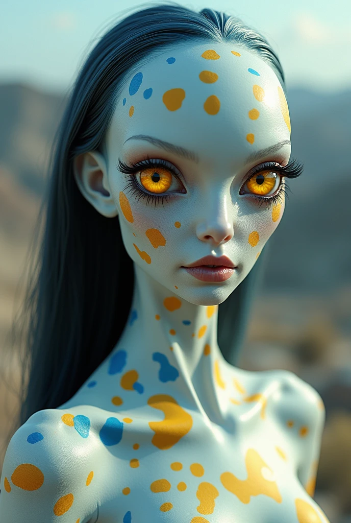 White-skinned alien woman with huge, deformed blue and yellow spots all over her body. and yellow eyes, with a Cerio face and hair as dark as coal, positioned at a thirty degree angle facing the fourth screen on another planet