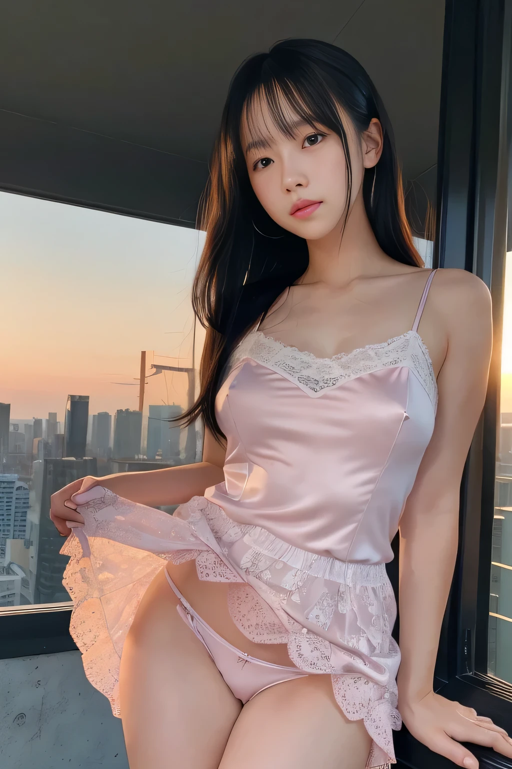 (8k、born、Professional、Highest quality、masterpiece:1.2)、(Genuine、Realistic:1.37)、Very detailed、(Portrait of a Woman No. 1)、(expensiveest Detail Skin:1.2)、(expensiveest detail face:1.2)、1 Female、1、Black Hair、Long Hair、expensive 、pink silk camisole、The wind blew up her pleated miniskirt., Revealing white lace panties.)、Sunset sky、The cityscape at dusk can be seen in the distance、Golden Hour