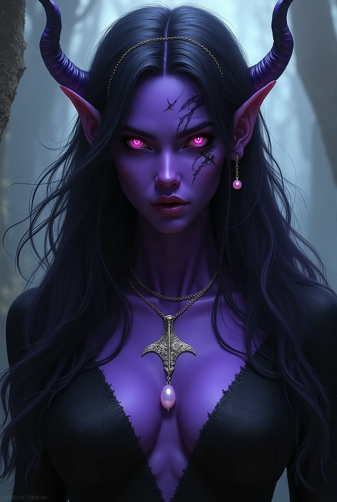 Fazer imagem de uma personagem tiefling feiticeira de d&d, purple skin, with a scar on his eye, longye hair, purples eyes, macabre golden, scary appearance and a silver necklace in the shape of a whale&#39;s tail with a small pink pearl inside