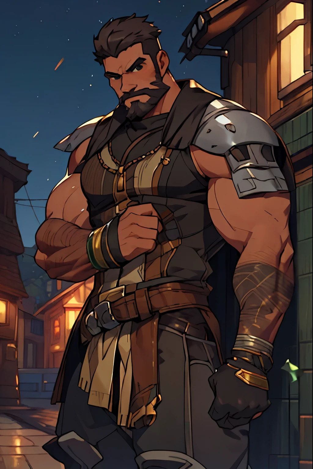 Large fantasy kingdom in the background, gabrielreyes, old mature muscular male, black hair, very short hair, Faux hawk hairstyle, Faux hawk, ((black beard))), ((stubble beard)), ((stubble))), black skin, tanned skin, black, green eyes, bright eyes, 3, bara, muscular male, large shoulders, thick muscles, big muscles, huge arms, huge body, tall, Piece, athlete, bare biceps, social shirt, black shirt, golden rnaments, black clothes, golden ornaments on the clothes, Mystical clothes, Golden details on the shirt, (((neutral pose:1.0))), elsword style social shirt, sleeveless social shirt, sleeveless, ((arms exposed)), Neutral face, cowboy shot, high resolution:1.2, best quality, master part, daylight, Reflection of lens, upper body shot