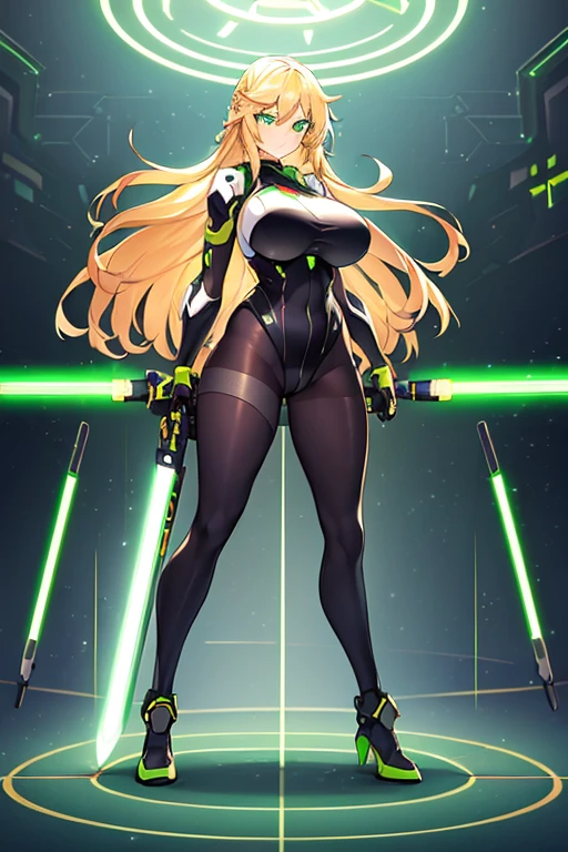 1girl, green eyes, blonde hair, long hair, large breasts, hourglass figure, bodysuit, white bodysuit, neon, neon trim, machinery, tech, science-fiction, futuristic, serious, standing, full body, ((full body)),, pantyhose, black pantyhose, wavy hair, fighting stance, robot girl, sword, lightsaber,