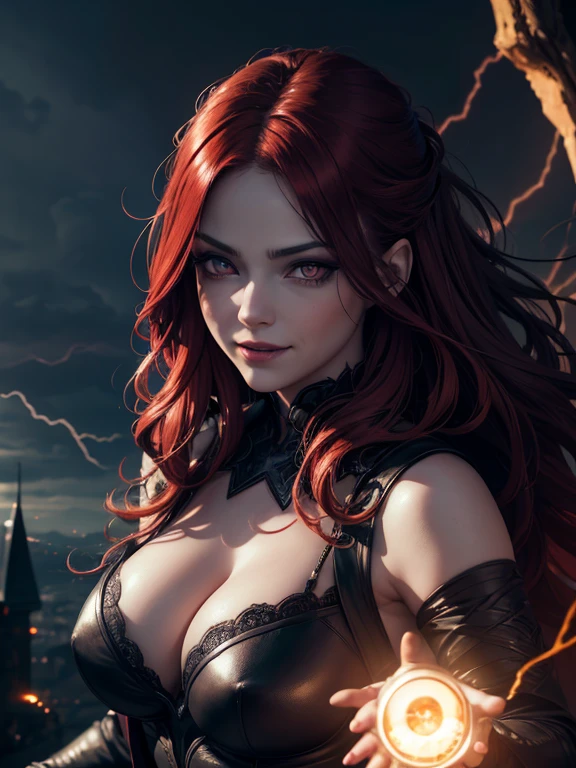 1girl, detailed face, beautiful detailed eyes, beautiful detailed lips, extremely detailed face and eyes, long eyelashes, red eyes, fire witch, blood on face, flying hair, cleavage, light particles, lightning rays, colorful, high contrast, vampire, smirk, evil smile, psychopathic smirk, psychopathic smile, tilted head, dark fantasy, dramatic lighting, supernatural, moody, cinematic, vibrant colors, volumetric lighting, dramatic atmosphere, intricate details, masterpiece, best quality, 8k, high resolution, hyper detailed, photorealistic
