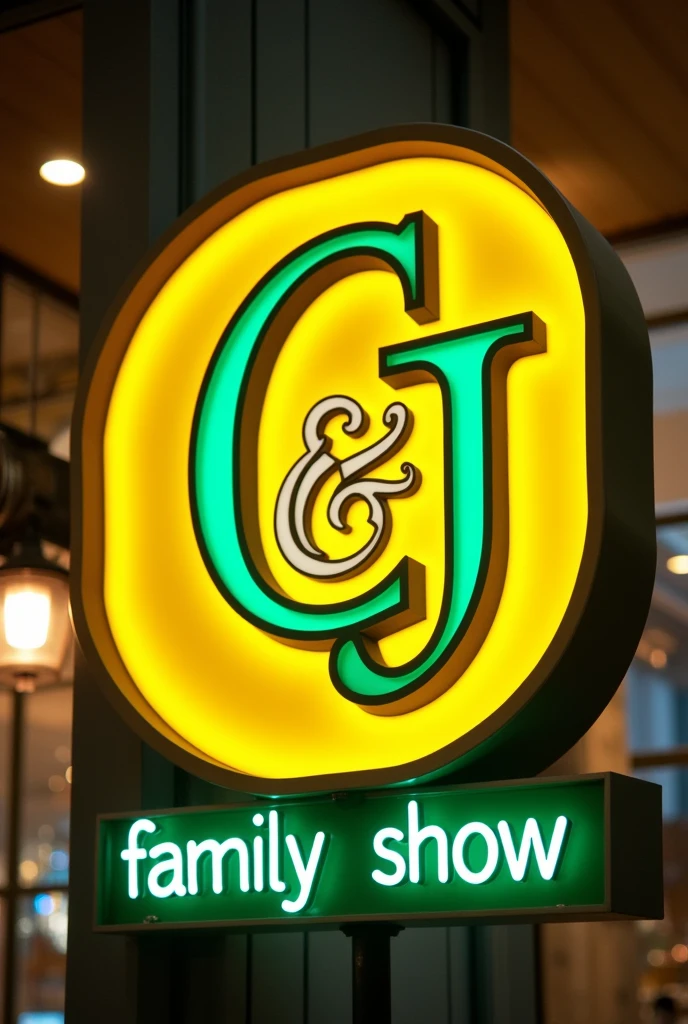 Beautiful sign with C & J logo in yellow and green, symbol in between the C& J, Also have family show written at a bottom