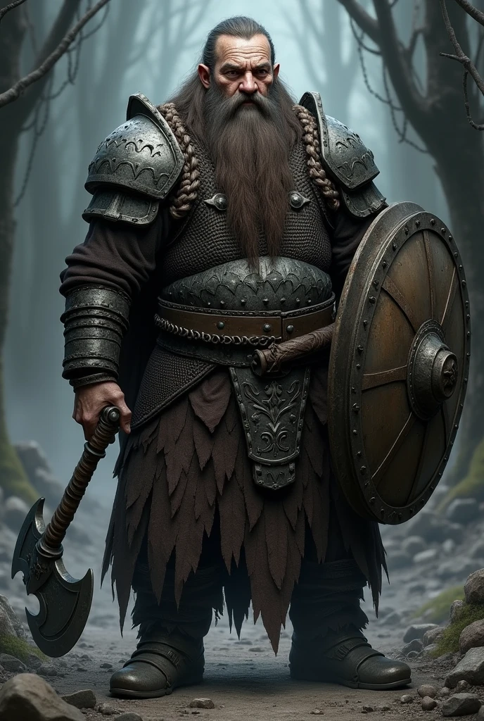A gloomy, grim fantasy dwarf in full chain armour, middle aged man, with long beard and long hair, which are braided and decorated with iron rings, holds a battle axe in one hand and a shield in the other