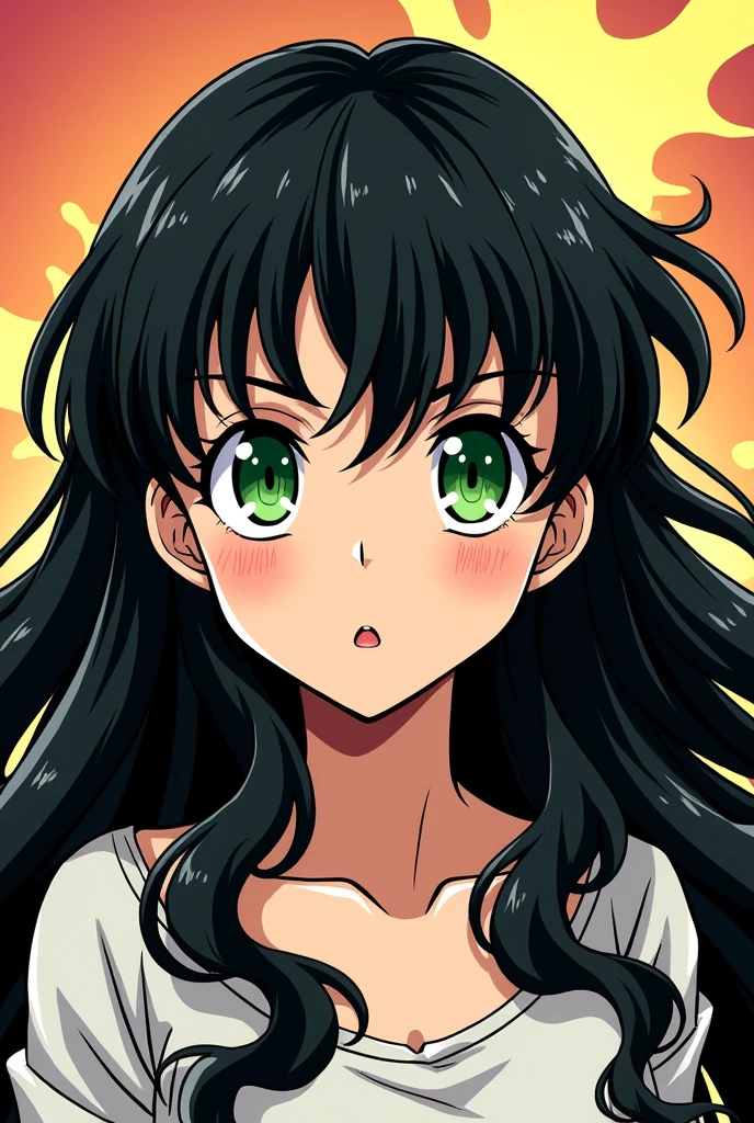 Jojo's Bizzare Adventure anime-style comic panel. White Girl, black hair, Green eyes, long wavy hair, korean bangs