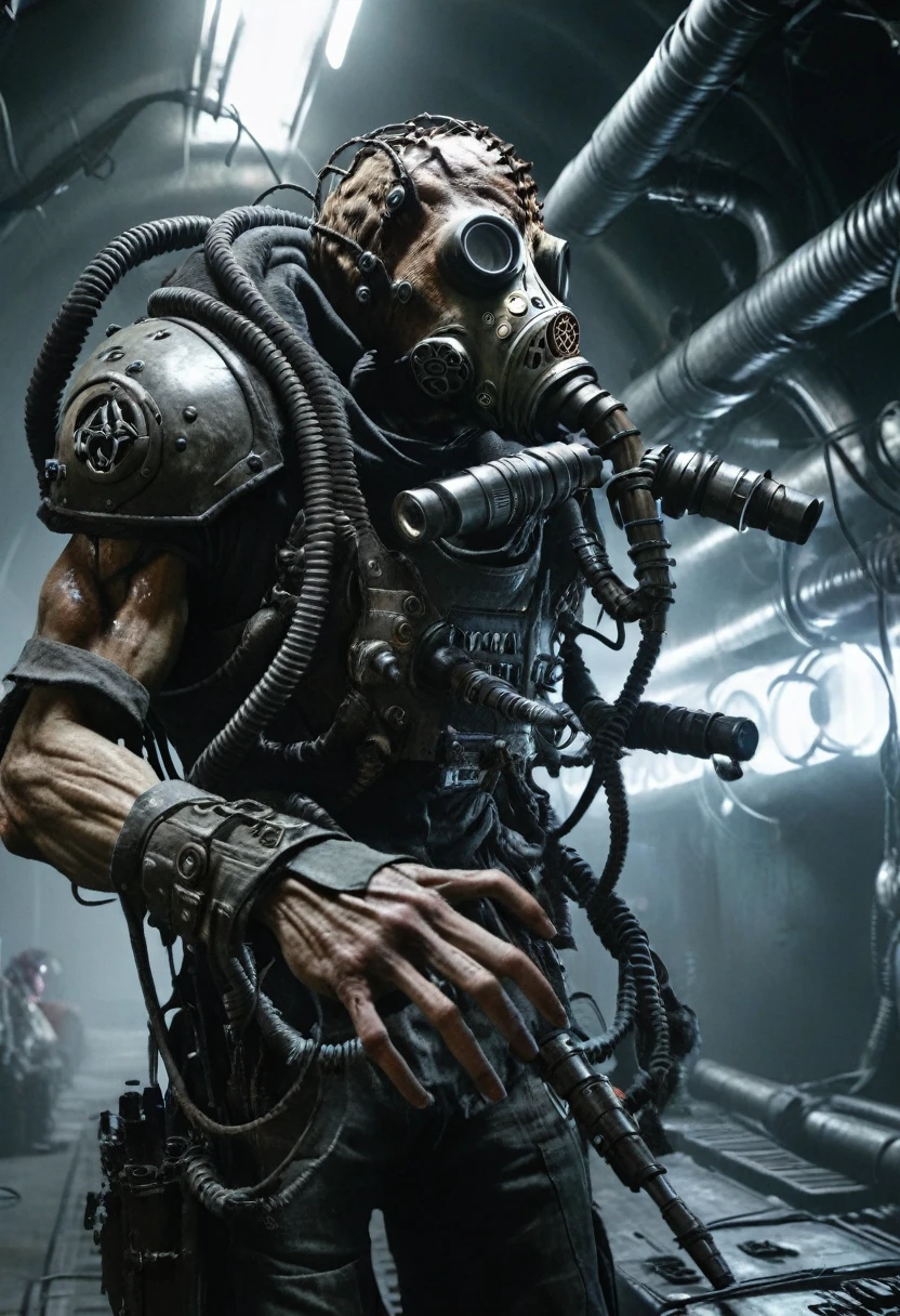 a biomechanical humanoid monster, enormous, in the tunnel, gas mask, cables, arm cannon, pikes, mask, armor, weapon turrets, dark, gritty, cyberpunk, moody lighting, cinematic, unreal engine, 8k, photorealistic, highly detailed, hyper-realistic, intricate details, masterpiece