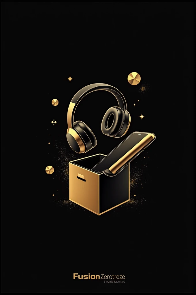 Logo for an accessories store with the name Fusion Zerotreze, coming out of a gift box, a headset, a cell phone in black and gold colors