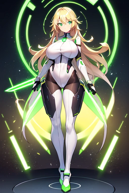 1girl, green eyes, blonde hair, long hair, large breasts, hourglass figure, bodysuit, white bodysuit, neon, neon trim, machinery, tech, science-fiction, futuristic, serious, standing, full body, ((full body)),, pantyhose, black pantyhose, wavy hair, robot girl, sword, lightsaber,