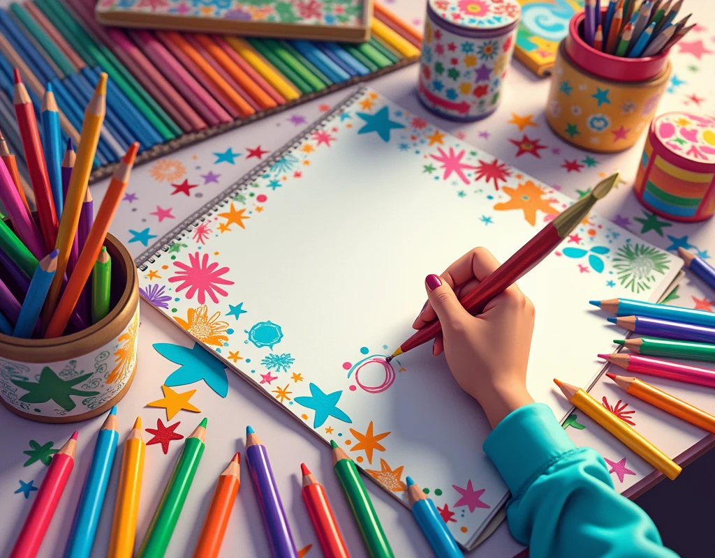 table full of colors and a couple of open coloring books and one hand painting coloring book