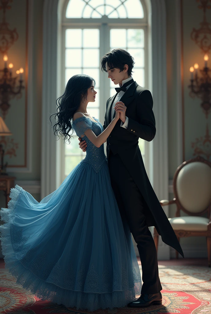 girl, short, long, dark blue wavy hair, blue eyes, fair skin, wearing a Victorian period dress, dancing with her butler, a tall man with black hair, red eyes, pale fair skin, in a Victorian period mansion