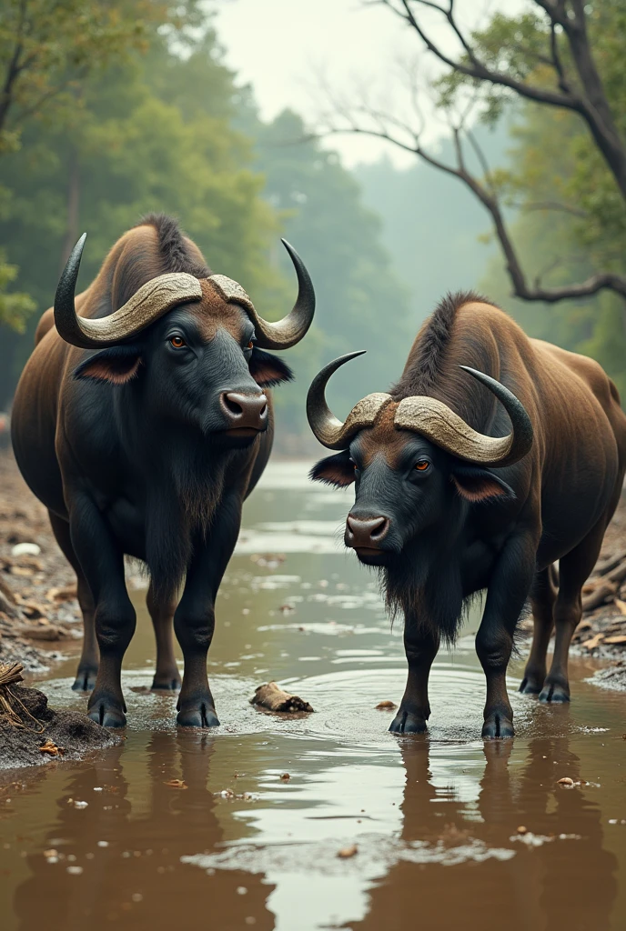 Two buffaloes are near the river. One of them, visibly angry, complains about the state of the area: "Look how dirty the place is! The water is full of mud and debris because of you. You stepped on everything here, making it difficult to even drink clean water!"