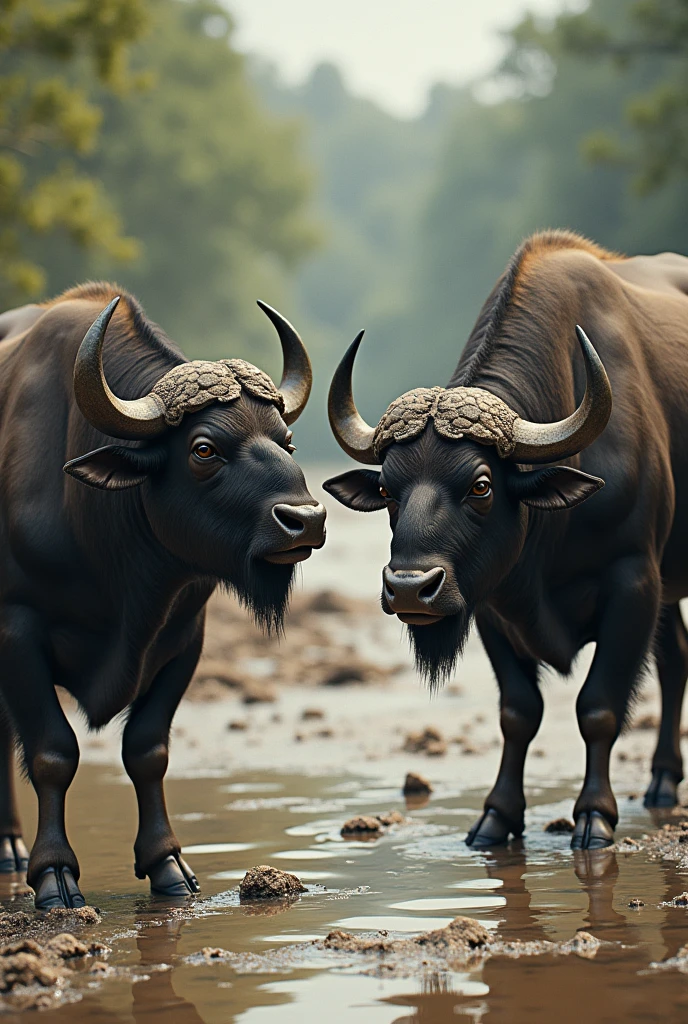 Two buffaloes are near the river. One of them, visibly angry, complains about the state of the area: "Look how dirty the place is! The water is full of mud and debris because of you. You stepped on everything here, making it difficult to even drink clean water!"
