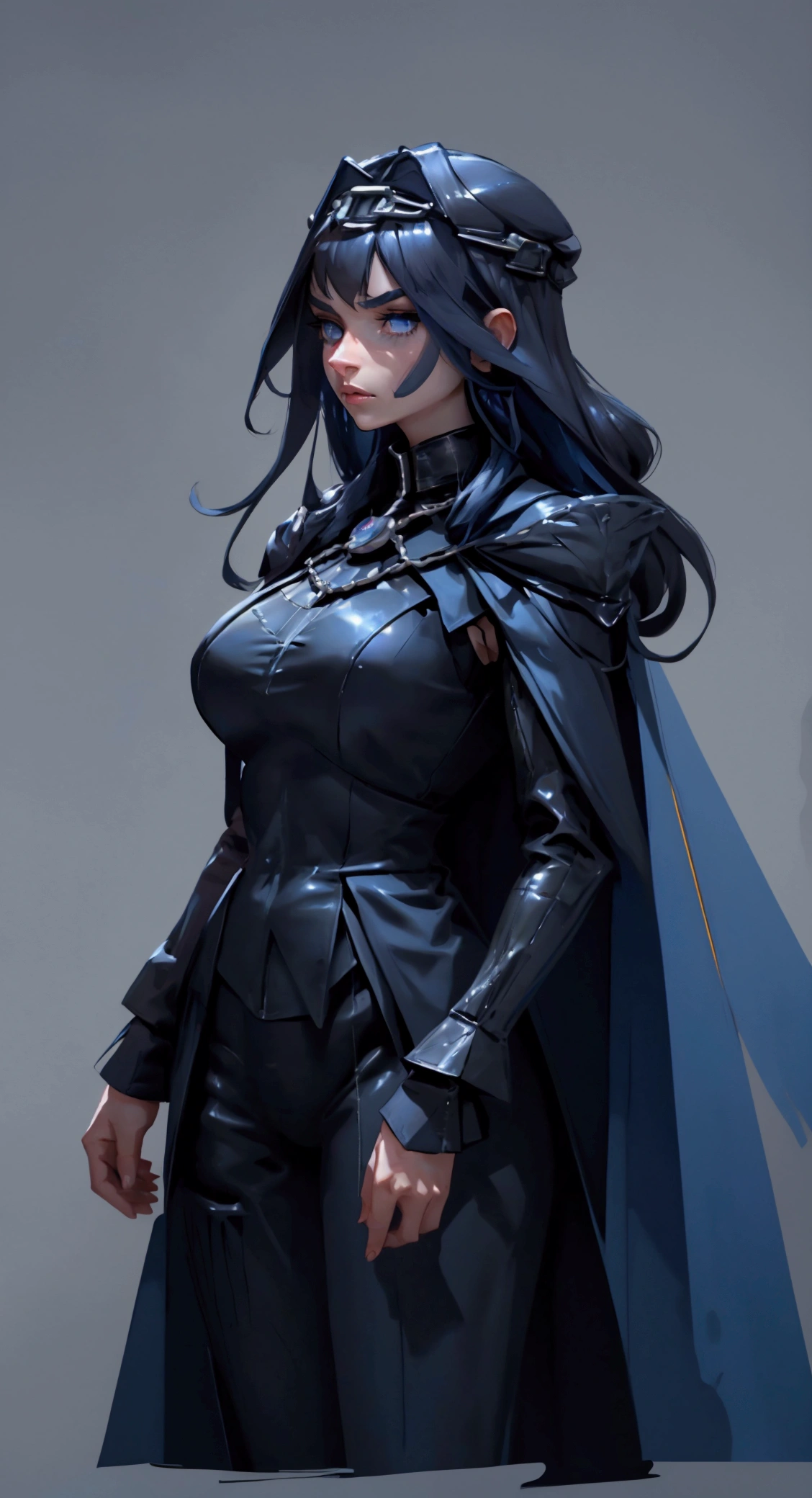 envision a 8k, highres, cinematic, fully body design sheet of a fierce empress Big tall girl with long legs named Kronii Ouro with long dark blue hair in a bun, blue eyes, wrapped in chains, wearing Darth Vader's Suit with a long flowing blue cape, a black helmet mask against a dark background