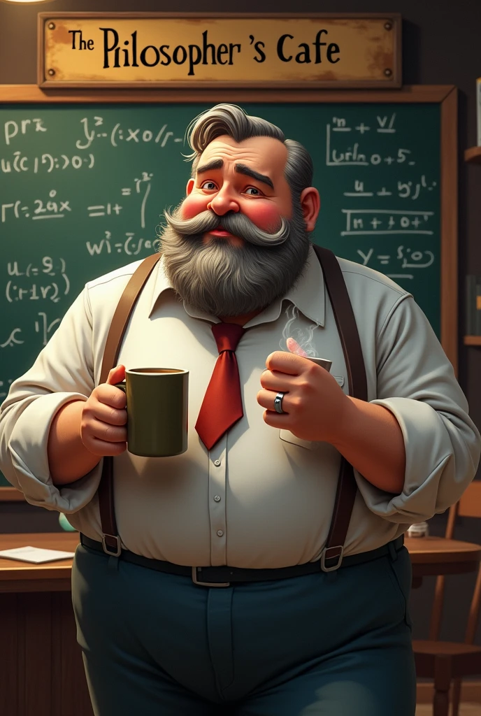 generate a fat teacher with small barba com alguns fiapos holding a cup with coffee with a text above him saying "the philosopher&#39;s cafe" and a whiteboard with math things behind it