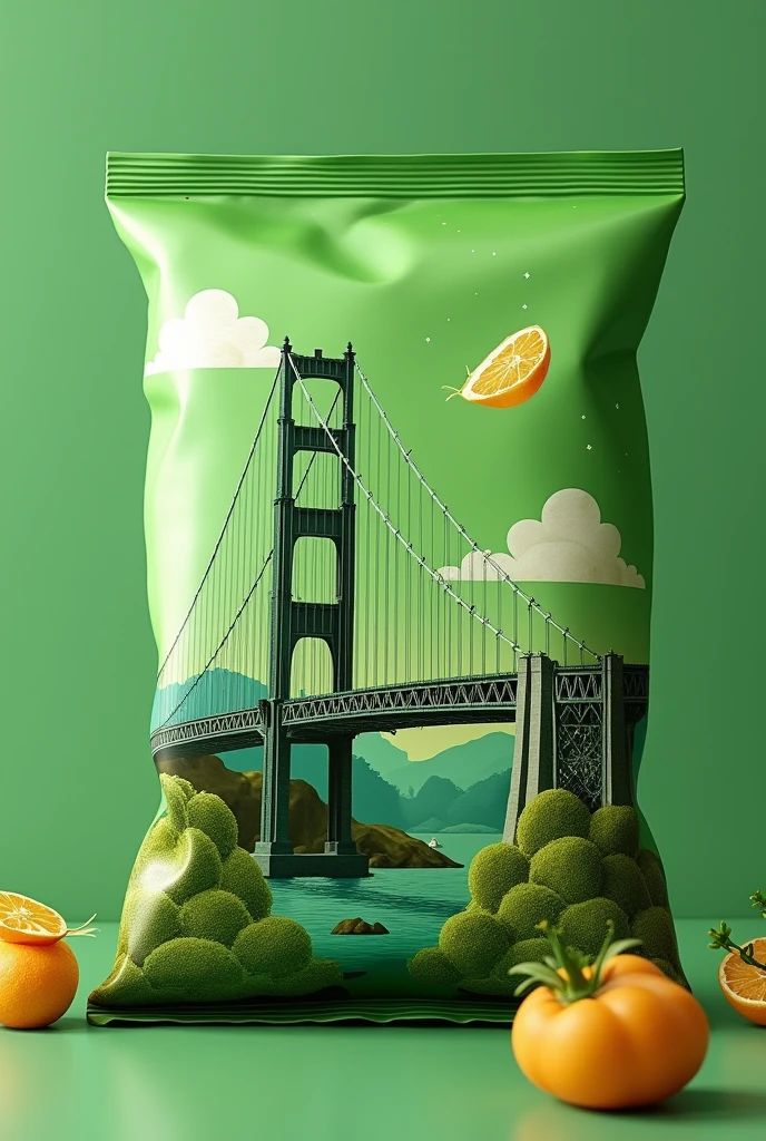Green snack packaging with the Hercilio Luz bridge inside the package
