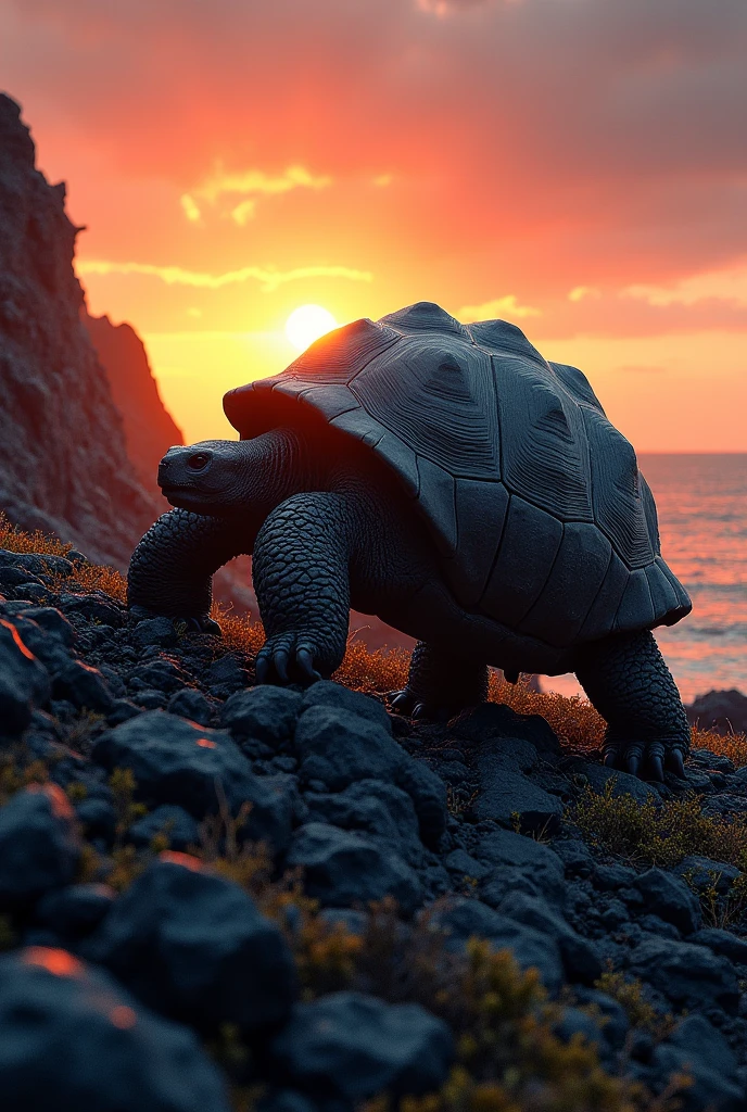 Galapagos tortoise walking on volcanic rocks under the setting sun