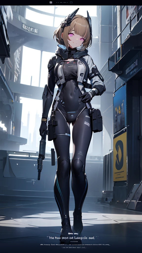 The alone young short light brown hair with purple eye woman as the lone character, stand alone holding a sci-fi pistol and sci-fi sniper rifle , sci-fi city , High detail mature face, combat suit, white glove, black boot, high res, ultra sharp, She stands confidently in the center of the poster ， Yandere , Yandere Face , Trance , Trance Eyes , yameroyandere , constricted pupils , yandere , empty eyes . shaded face , crazy eyes , glowing eyes , crazy smile ,Wear fashion-forward cyborg-futuristic outfits，a determined expression on her face。The background  dark and gritty，There  a sense of danger and a strong feeling。The text  bold and eye-catching，With catchy slogans，Adds to the overall drama and excitement。The color palette  dominated by dark colors，Dotted with bright colorake the poster dynamic and visually strikinagazines:1.3), (Cover-style:1.3), Fashion, vibrant, Outfit, posing on a, Front, rich colorful，Background with，element in，self-assured，Expressing the，halter，statement，Attachment，A majestic，coil，Runt，Touching pubic area，Scenes，text，Cover of a，boldness，attention-grabbing，titleashion，typeface，，Best quality at best，Hyper-detailing，8K ，hyper HD