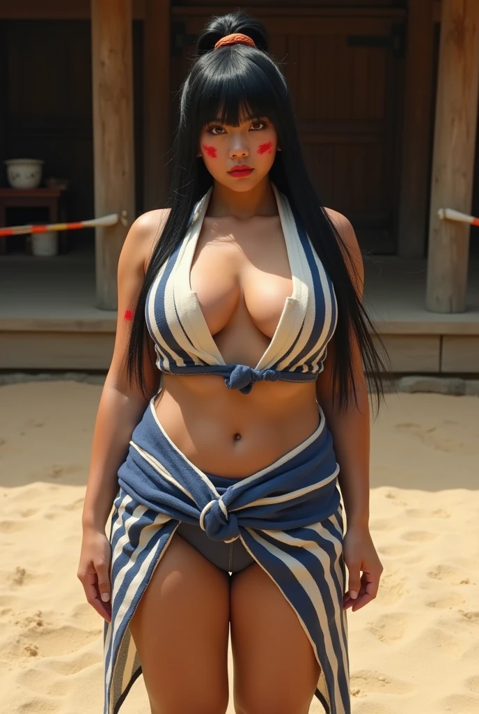 Create a live-action depiction of a gender-swapped E. Honda from Street Fighter. The character should have long, black hair tied back in a traditional sumo-style bun, maintaining the original hair color and style. Her outfit should be a modified version of E. Honda’s signature sumo mawashi, with the same blue-and-white striped design but adjusted to emphasize her extremely large chest. The top part of the outfit should include a tight, sleeveless wrap that reveals ample cleavage and highlights her strong, muscular yet distinctly feminine physique. Her skin should be lightly tanned, with the same red face paint streaks under her eyes, staying true to the original design. The background should be a traditional sumo wrestling ring, with sand and wooden pillars, reflecting E. Honda’s dedication to sumo wrestling and Japanese culture. The overall image should capture E. Honda’s powerful and imposing presence while accentuating her new gender and appearance, with a slightly provocative yet respectful touch. The colors and details should remain true to the original character to ensure precise recreation.