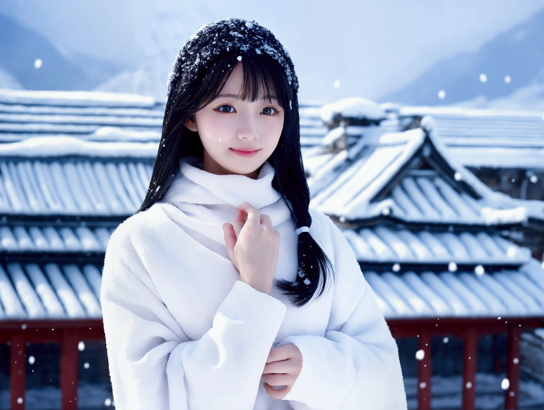 Silver keynote、Soft smile、Highest quality、8k、Ultra-high resolution、Snow-covered temple background、Realistic photo style、Healthy body shape、Clear Eyes、Shiny black hair、Snow-white clothes、Calm expression、cool light、Simple and traditional Japanese art style、Clean colors、Chilled atmosphere、Exquisite details、Graceful posture、Snow-covered landscape