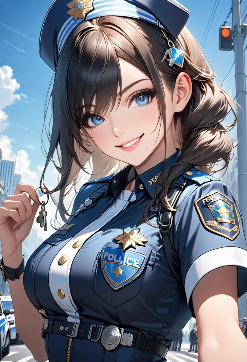 Attractive police girl, holding a key, facing the camera, smiling, mini diamonds on her outfit, detailed image, hq quality, perfect anatomy,  blue sky eyes, black long hair, pretty,beautiful 