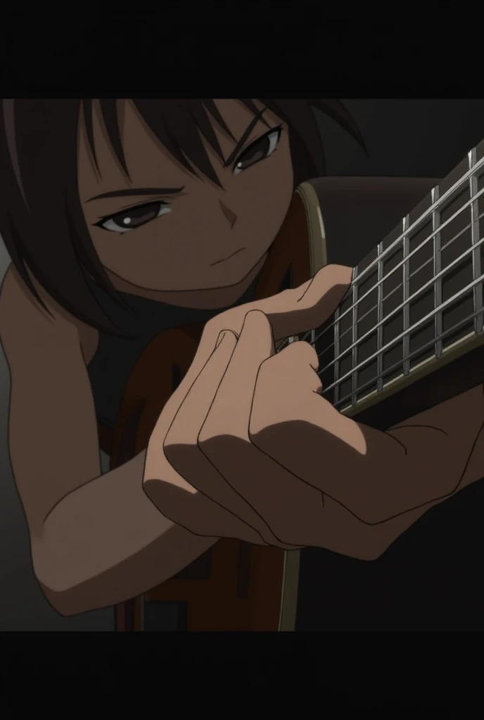 Close-up of Miyu's hands playing the guitar strings. The scene conveys concentration and skill