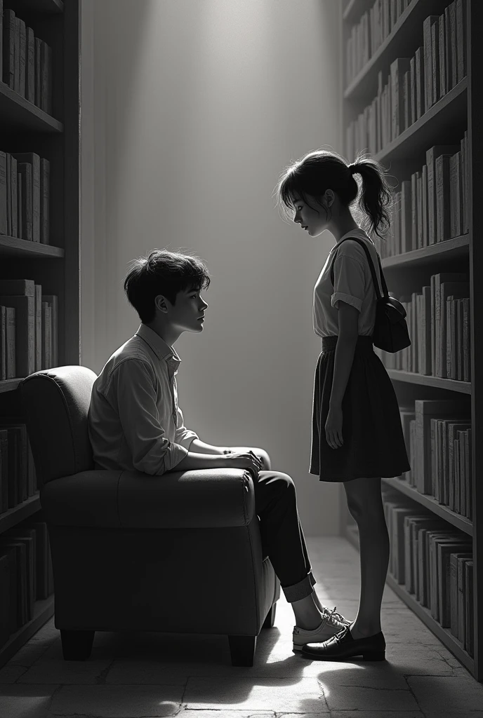 TWO young people (man sitting on a chair and woman standing) 20 and 2 at school, specifically in the library, talking in a corner a little apart, old black and white image