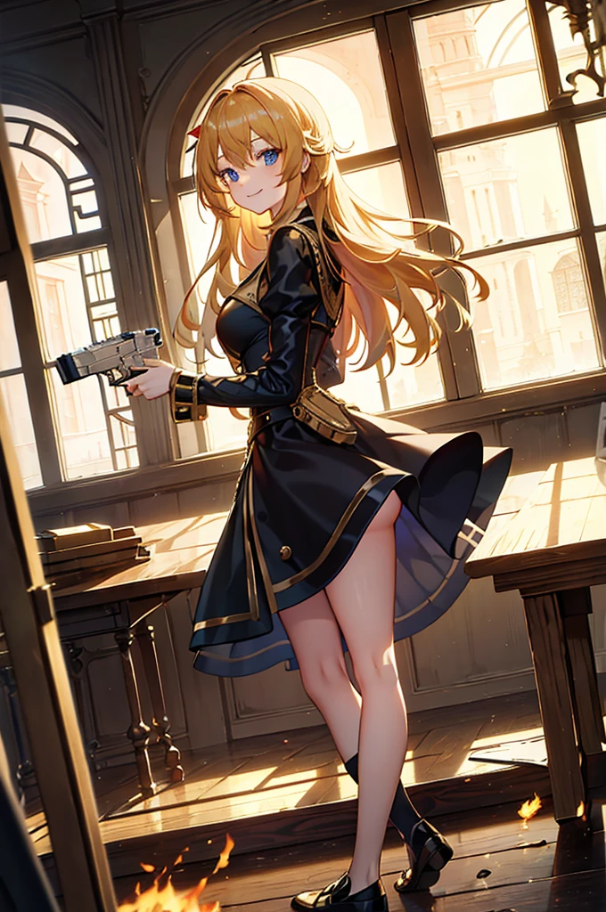 best quality, masterpiece, golden ratio, the girl, gold hair, long hair, handgun, big ban, fire, crashed window, leg support on table, low angle, from front, black dress, cute smile