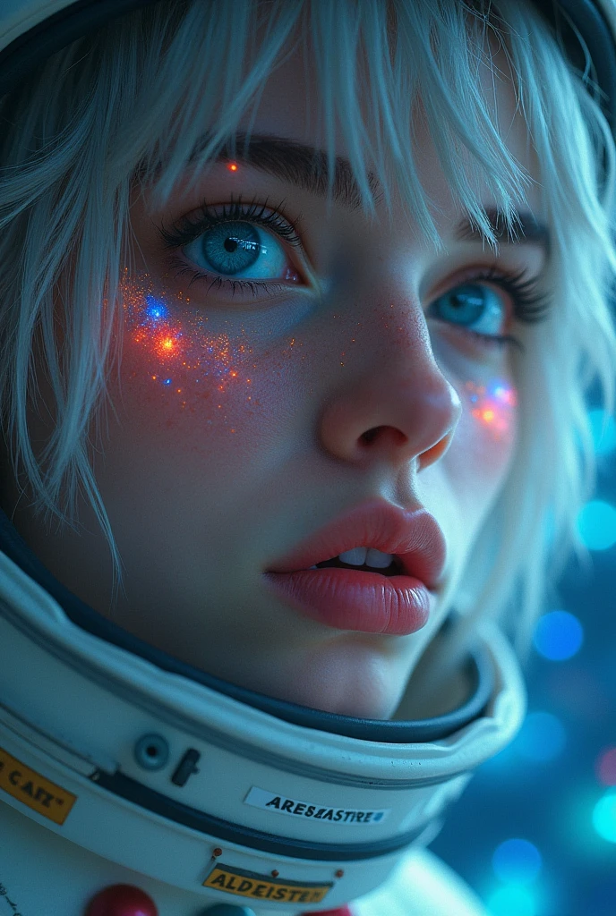 (Close-up of a better masterpiece: 1.5) 0.9], (Space and astronauts: 1.2) (Disheveled silver hair: 1.1) (Xanthochromia heterochromia and blue eyes: 1.2) (space helmet: 1.0) (colorful stars in the eyes: 1.0) (A radiant glow: 1.1) (thick lips: 0.9)