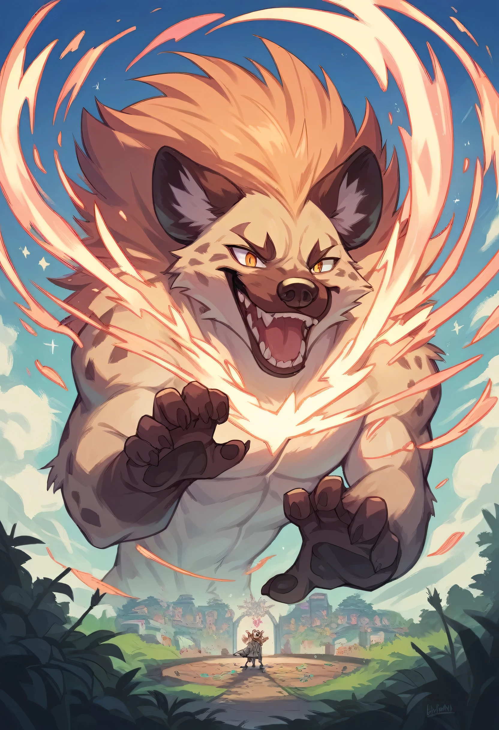 Happy, hyena God giving blessing to fox worshipper, giant god, blessing, vibrant scene, outside, bright magic, Score_9, score_8_up, score_7_up, score_6_up, score_5_up, score_4_up, source_anime