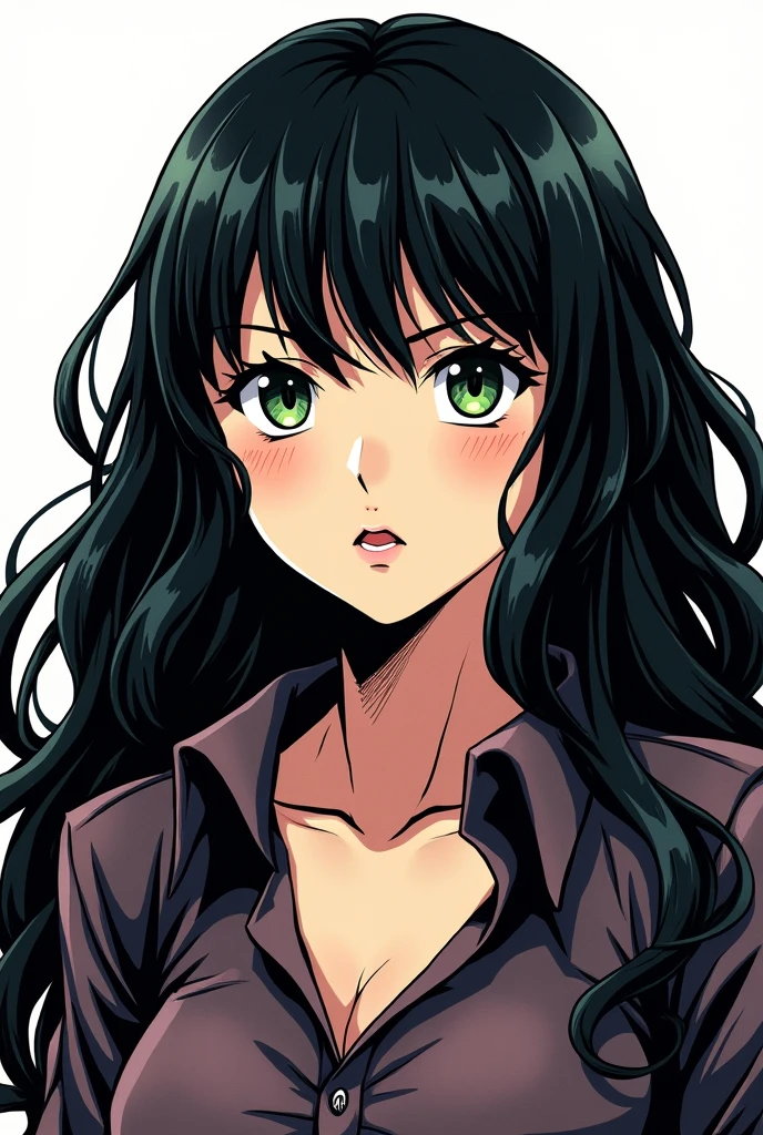 Jojo's Bizzare Adventure anime-style comic panel White Girl, black hair, Green eyes, long wavy hair, korean bangs