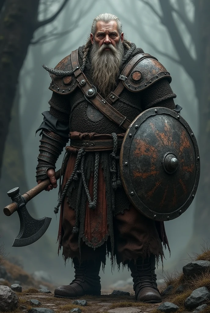 A gloomy, grim fantasy dwarf in full chain armour, middle aged man, with long beard and long hair, which are braided and decorated with iron rings, holds a battle axe in one hand and a shield in the other