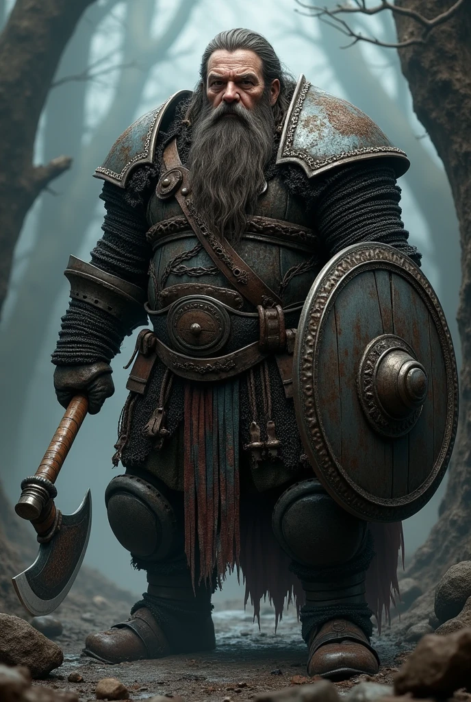 A gloomy, grim fantasy dwarf in full chain armour, middle aged man, with long beard and long hair, which are braided and decorated with iron rings, holds a battle axe in one hand and a shield in the other
