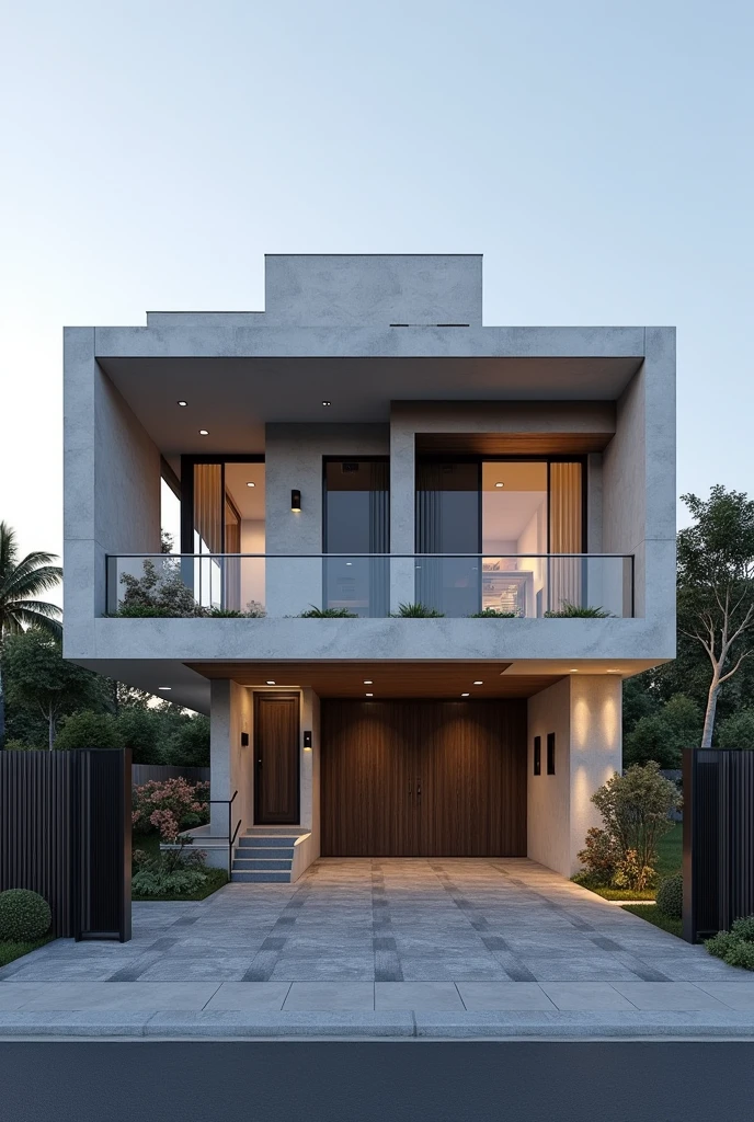 Make me a modern facade with volumes of a 2-story house 12 meters wide by 28 meters long with a garage for 2 vehicles and a gate