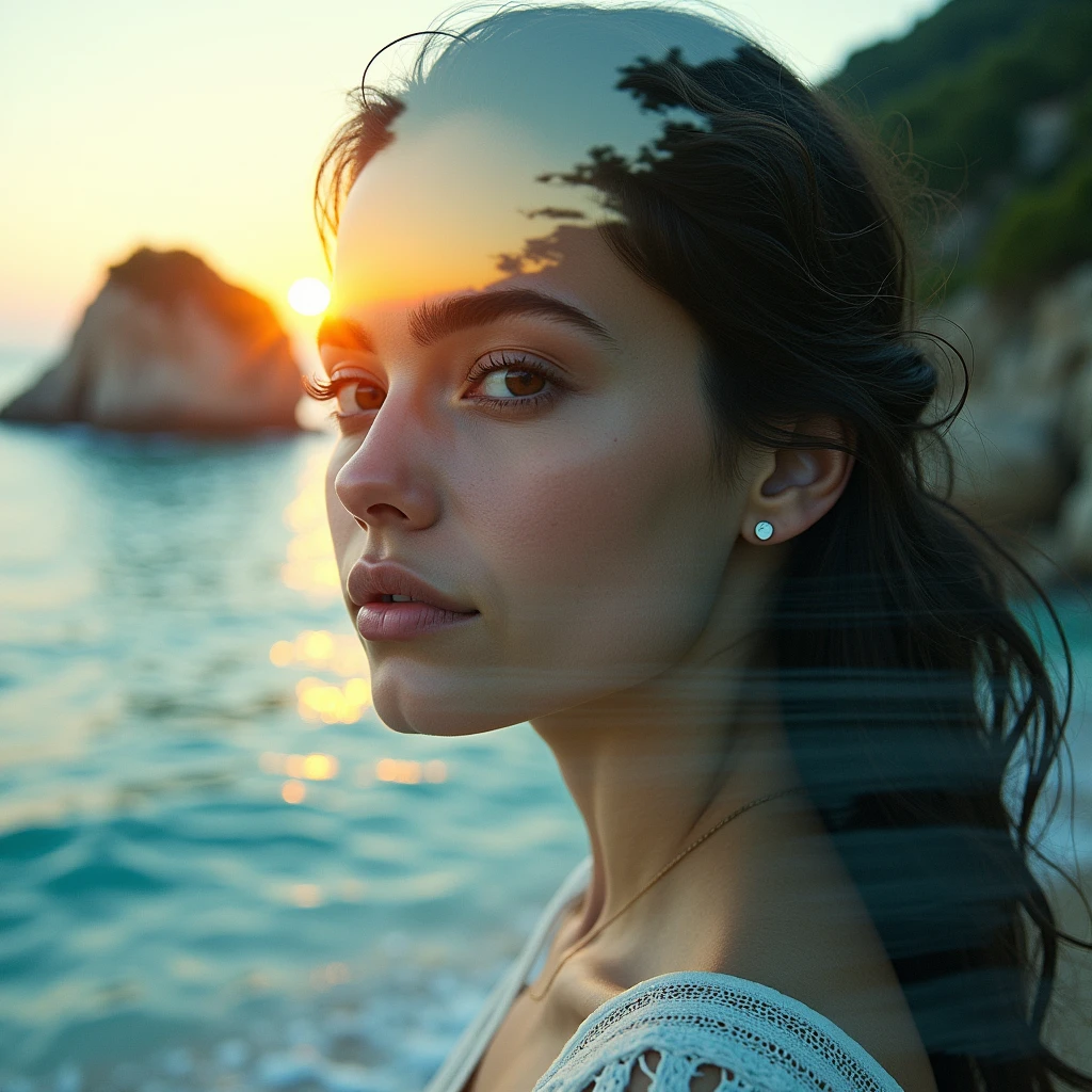 double exposition, images superposées, coucher de soleil, mer eau translucide, couleurs profondes, falaises presque entièrement recouvertes de végétation, et d'un visage de femme brune