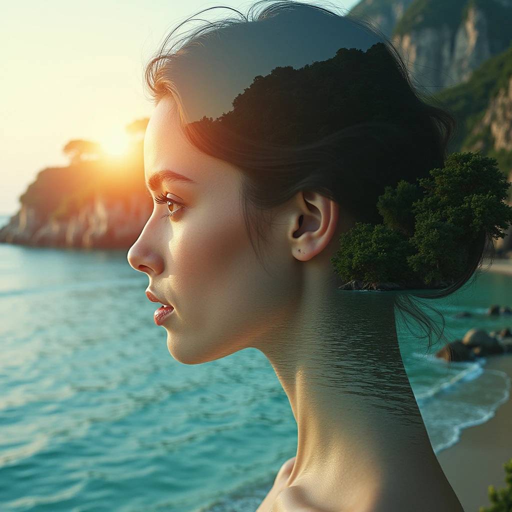 double exposition, images superposées, coucher de soleil, mer eau translucide, couleurs profondes, falaises presque entièrement recouvertes de végétation, et d'un visage de femme brune