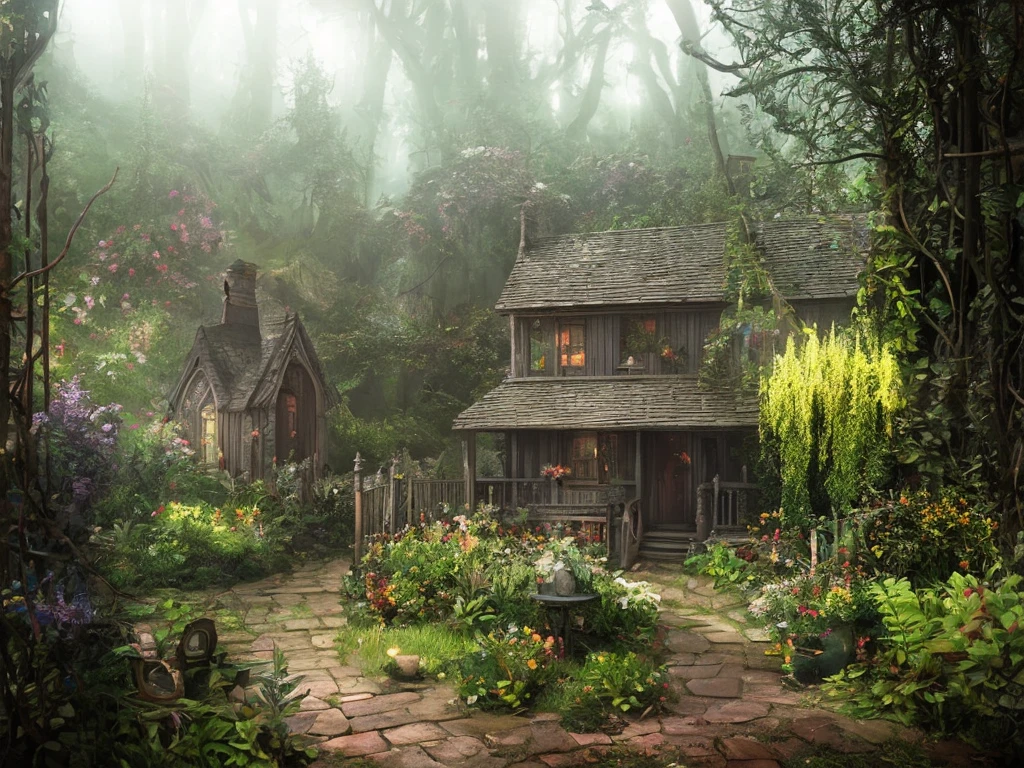 Inside a witch's cozy cottage decorated in victorian style, lots of plants and things, eerie atmosphere, soft volumetric light, high chaos, intricate work by Johan Grenier style, Alyssa Monks style