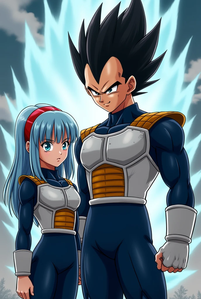 Vegeta's hair is standing on end. He was wearing a dark blue suit and over it the typical armor that Saiyans wear.  against her daughter Bura, right, Dragon Ball GT Bura, girl with light blue hair, blue eyes, dark blue suit, typical armor worn by Saiyans, loose hair, bangs, father and daughter, red headband, hair clips