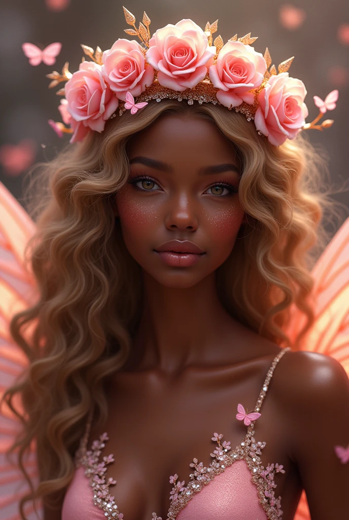 A realistic fairy crown, with pink and pastel pink and glitter, where you can clearly see how it is composed, beautiful, with brighter ones, with different shades of roses, lighter and darker , on the head of a model that shows a nice shape, and striking, with bright , that the crown is more visible than the model, and that the flowers are not so big and not literally a crown Smaller flowers, with the same crown, a dark-skinned fairy, with golden curly hair