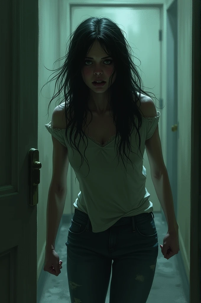 Create a lineart illustration Scene: Illustrate Marine running down the hallway with tears streaming down her face. The people around her have vague, almost ghostly expressions, representing her feeling of disconnection from the world around her. The lighting could be soft and shadowy, highlighting Marine's turbulent emotional state.