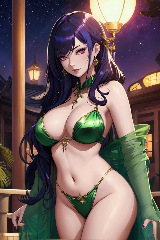 Beautiful and lush woman, impeccable, short, big tits, with shiny, ivory skin, small figure, flat stomach, sexy belly, dressed in a transparent jade-green robe with a deep neckline, long black hair, purple eyes, slanted like Asian, fantasy blue hair and on an old street at night with stars shining overhead, Lady of the night, exotic prostitute. Hyperrealistic lady of the night erotic.