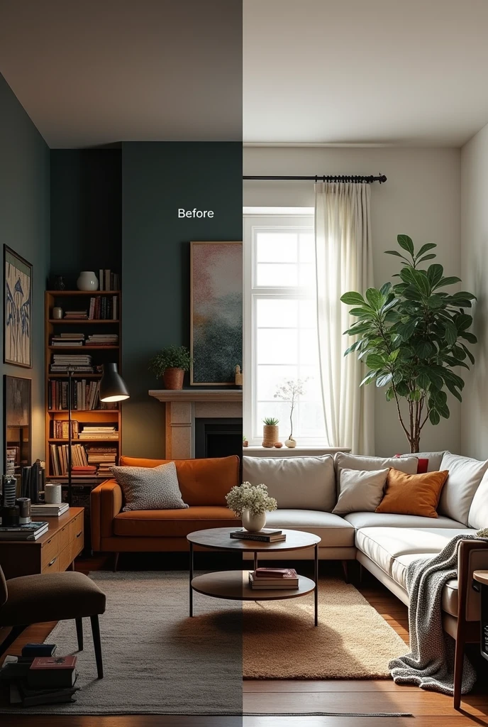 Create a split image showcasing a cozy living room before and after a makeover. The 'before' side should depict a cluttered, outdated space with mismatched furniture and dull colors. The 'after' side should feature a beautifully transformed living room with modern decor, a stylish color palette, and organized furniture. Include elements like plants, artwork, and warm lighting to enhance the inviting atmosphere."