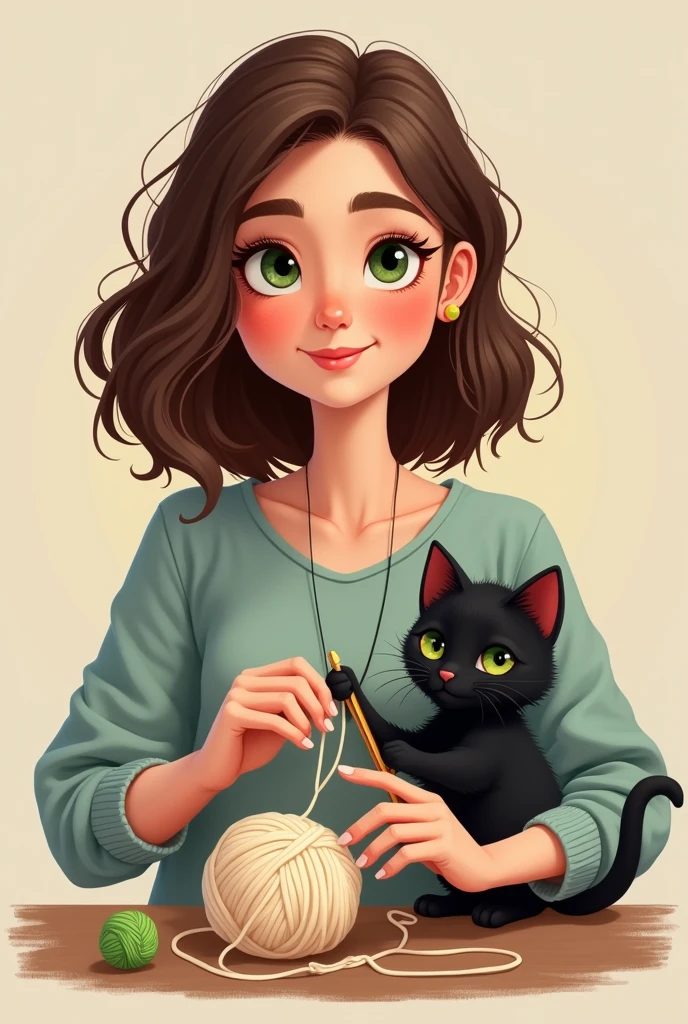 a young woman, brown hair and green eyes, flat nose and big eyes, medium long hair, that has in one hand a crochet hook and a ball of wool and at the same time has a black kitten for an Instagram logo